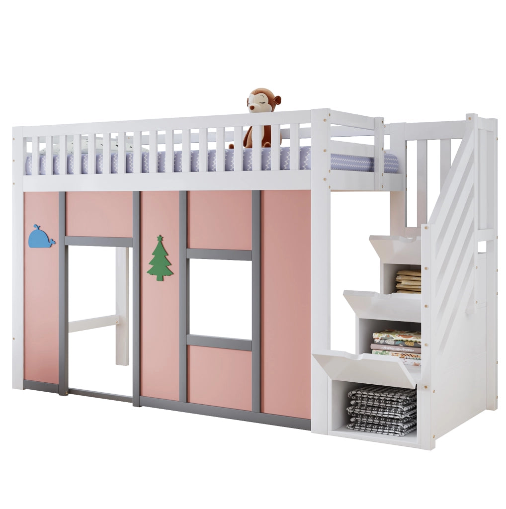 Letto a semisoppalco 90x200 cm con scala contenitore e LED in legno e MDF bianco e rosa