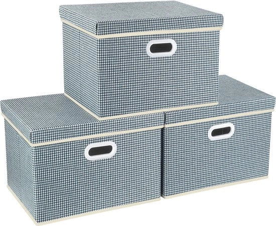 Scatole di archiviazione pieghevoli con coperchio, grandi scatole di archiviazione per armadio, camera da letto dei bambini, cassetti con coperchio per l'organizzazione di casa e ufficio, 3 pezzi, blu