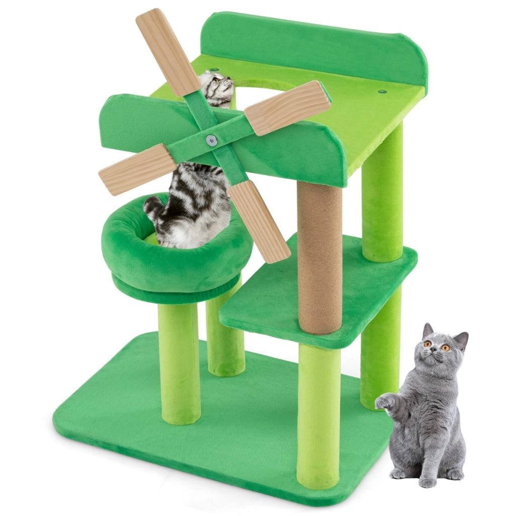 Albero per gatti da 60cm con mulino a vento e imbottitura rotonda, Torre per gatti a pi¨´ livelli con tiragraffi-Alberi Tiragraffi