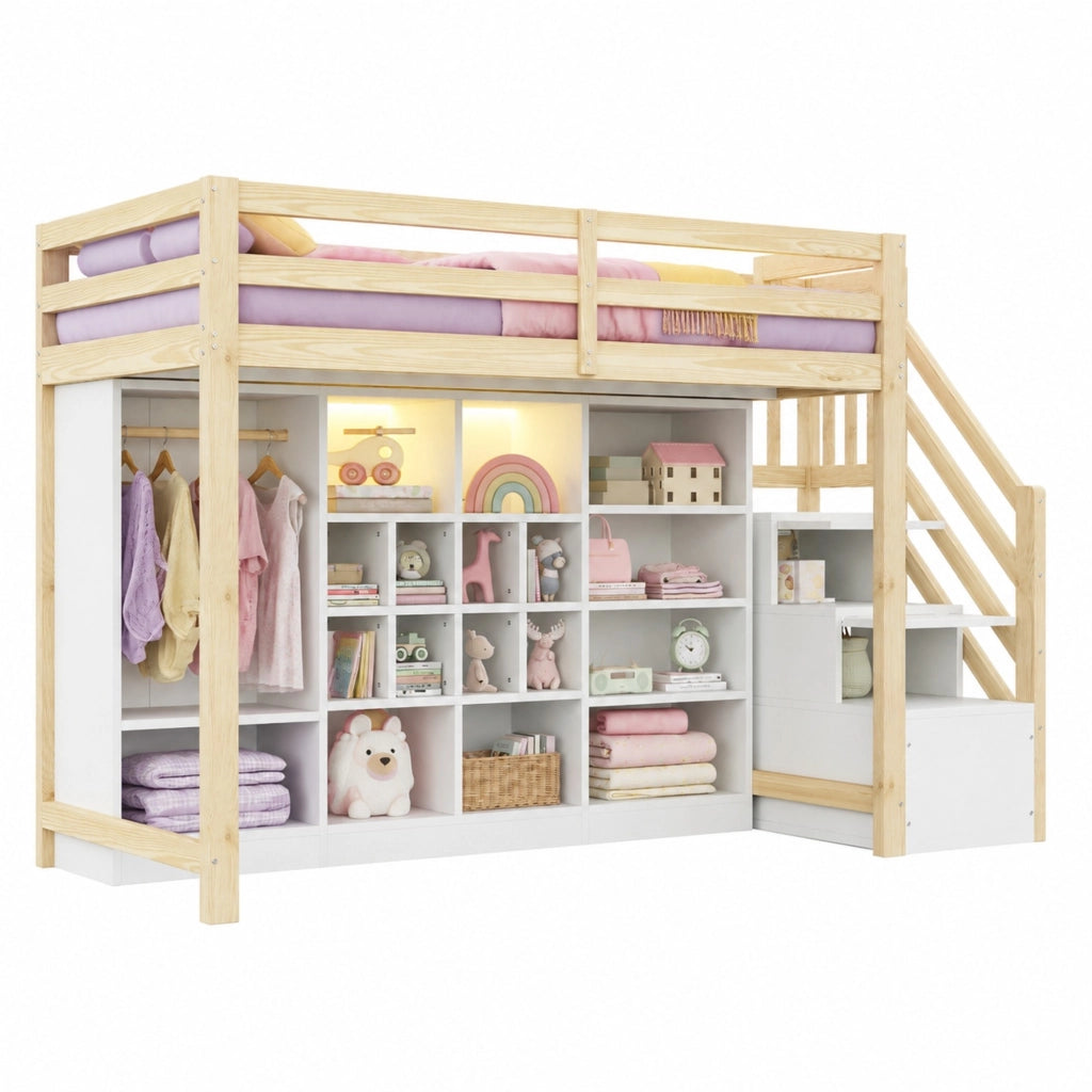 Letto a soppalco 90 x 200 cm con armadio, contenitori e illuminazione LED
