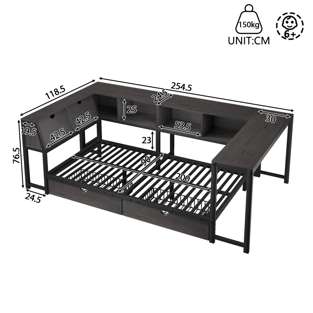 Letto singolo multifunzione 90x200 cm con scrivania; LED e cassetti; nero
