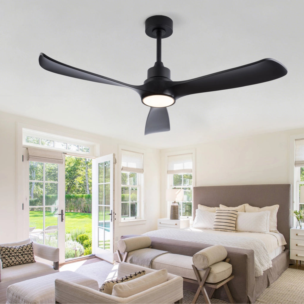 Ventilatore da soffitto nero 52 pollici con luce; 6 velocità; motore DC reversibile; ABS