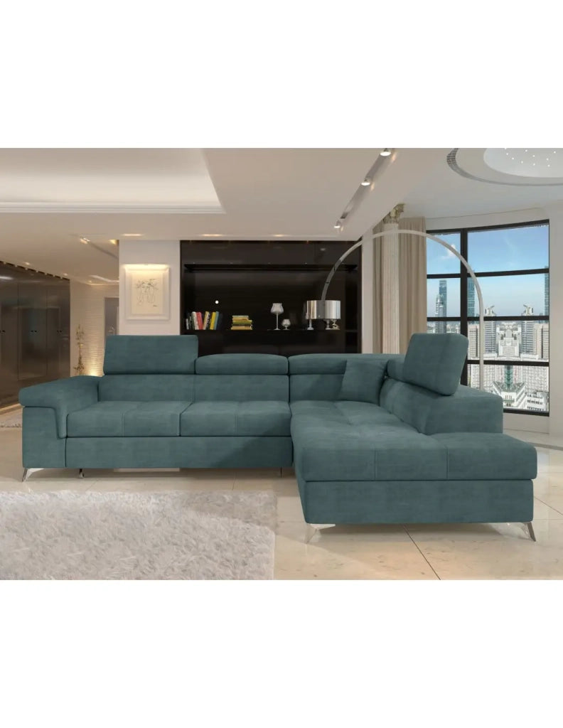 Divano angolare convertibile PALAZZO 4 posti verde blu – angolo destro con vano contenitore
