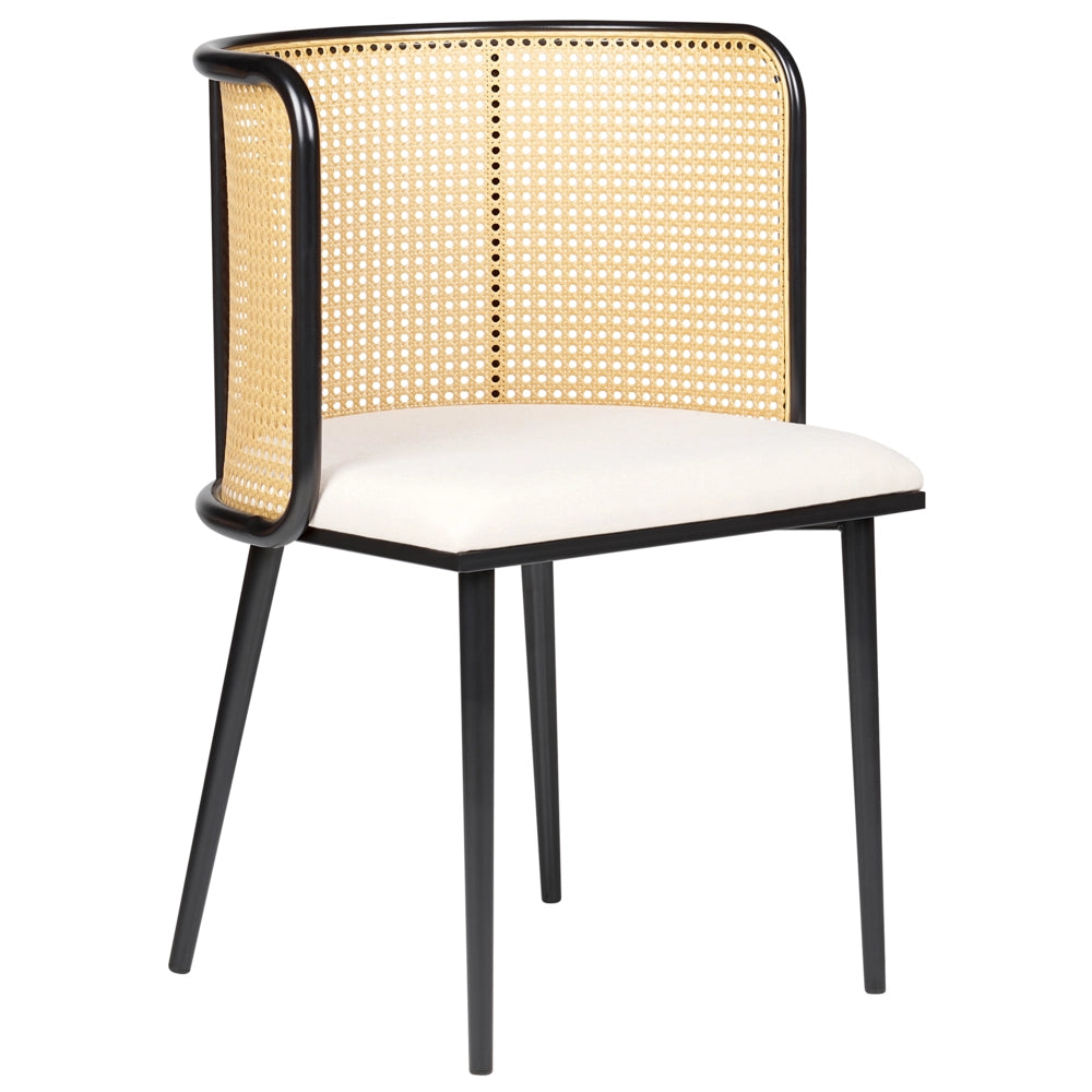 Set di 2 sedie da pranzo con seduta in tessuto e struttura in metallo nero effetto legno con intreccio viennese stile retrò soggiorno