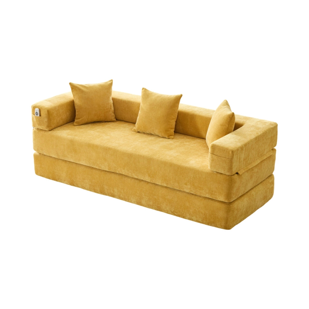 Divano modulare in chenille color senape con tasche laterali, base antiscivolo e imbottitura in schiuma