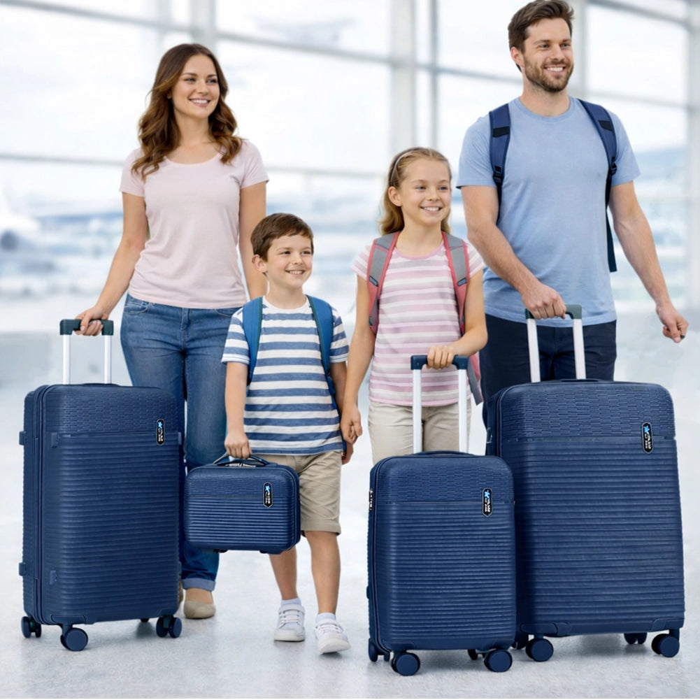 Set 3+1 Valigie Rigide Beauty Case Bagaglio Trolley Blu Navy con Ruote Easy Roll