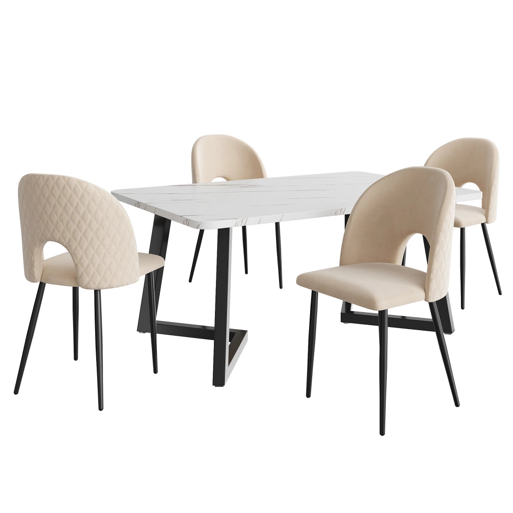 Tavolo da Pranzo Allungabile con 4 Sedie ¨C MINIMAL ¨C Rettangolare, Velluto Beige, Gambe Nere, 117x68 cm