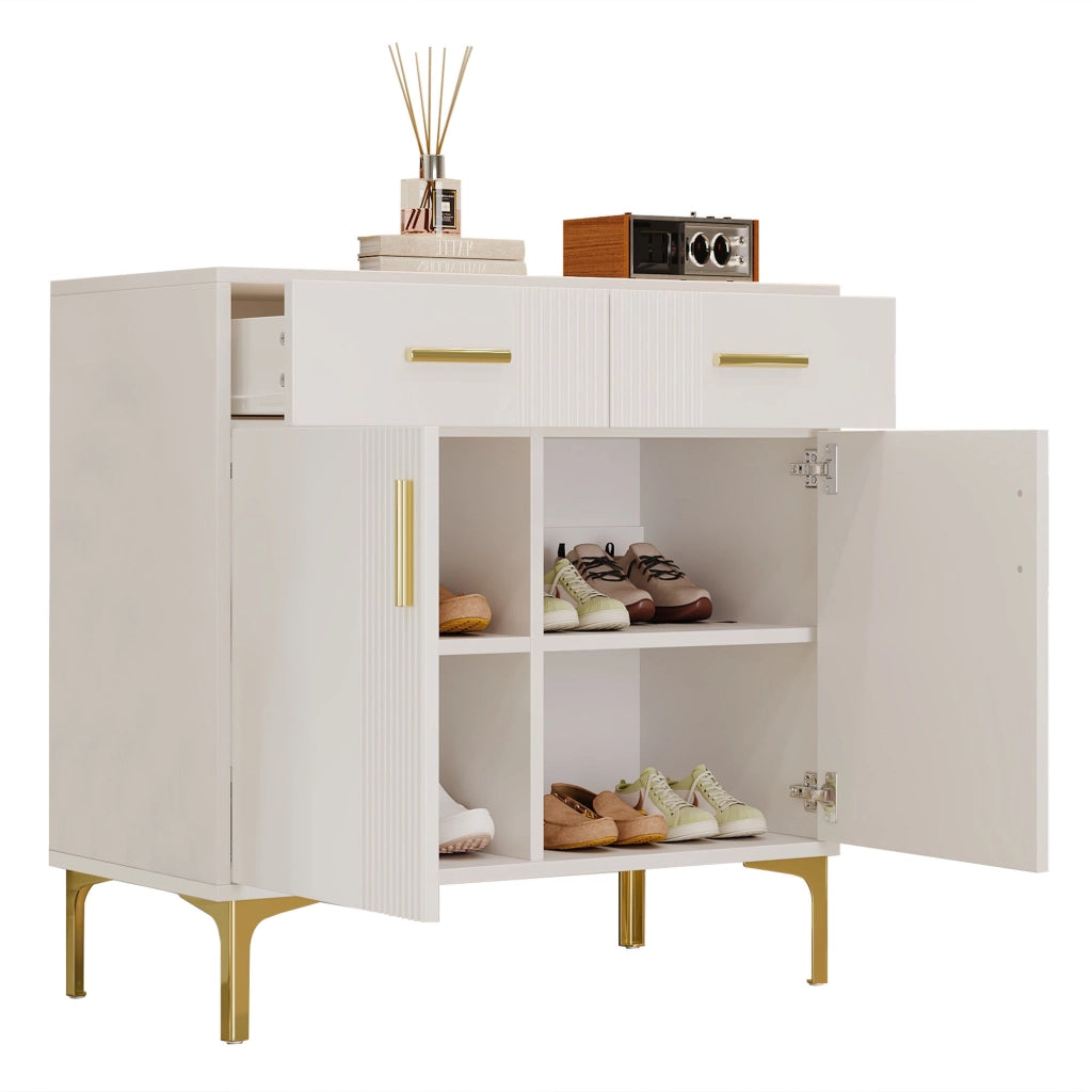 Credenza moderna bianca con 2 ante e 2 cassetti, struttura in MDF, sistema antiribaltamento, 80 x 35 x 79,5 cm
