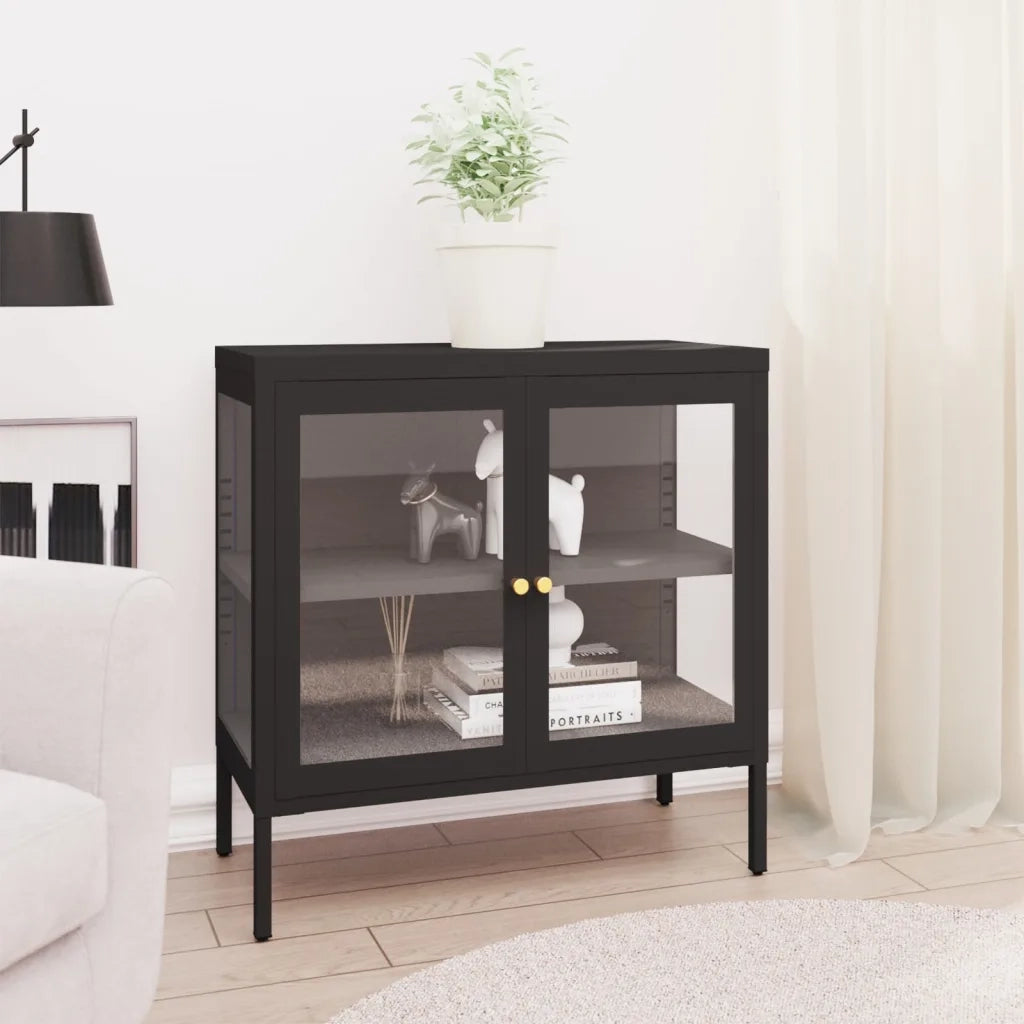 Credenza-Buffet-Armadio da cucina Nera 70x35x70 cm in Acciaio e Vetro