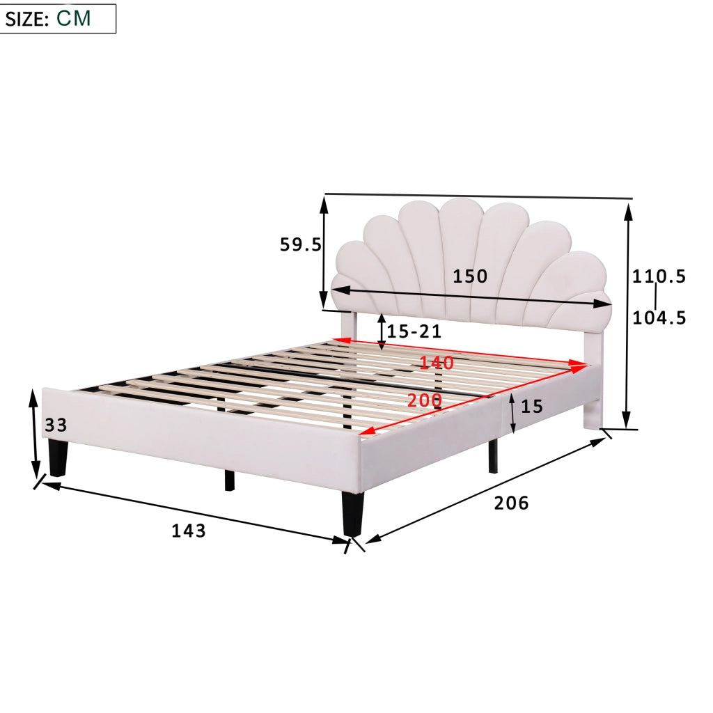 OKWISH Letto Imbottito 140×200 cm, Letto Matrimoniale con Testiera a Fiore, 12 Doghe e Imbottitura, senza Materasso, Beige