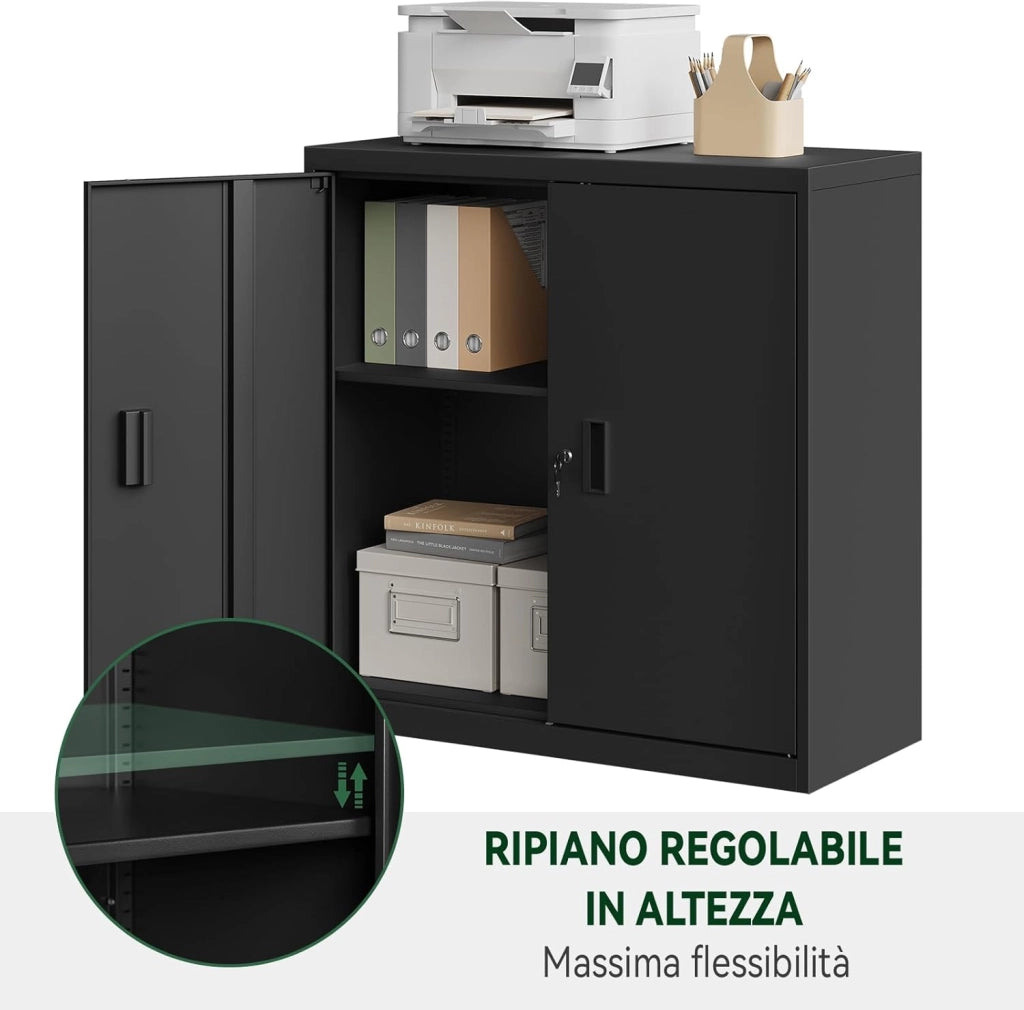Armadio per Archiviazione con Serratura e Ripiano Regolabile in Altezza, Armadio Multiuso per Ufficio in Metallo, Nero, L90xH92xP40 cm, ASK12sz