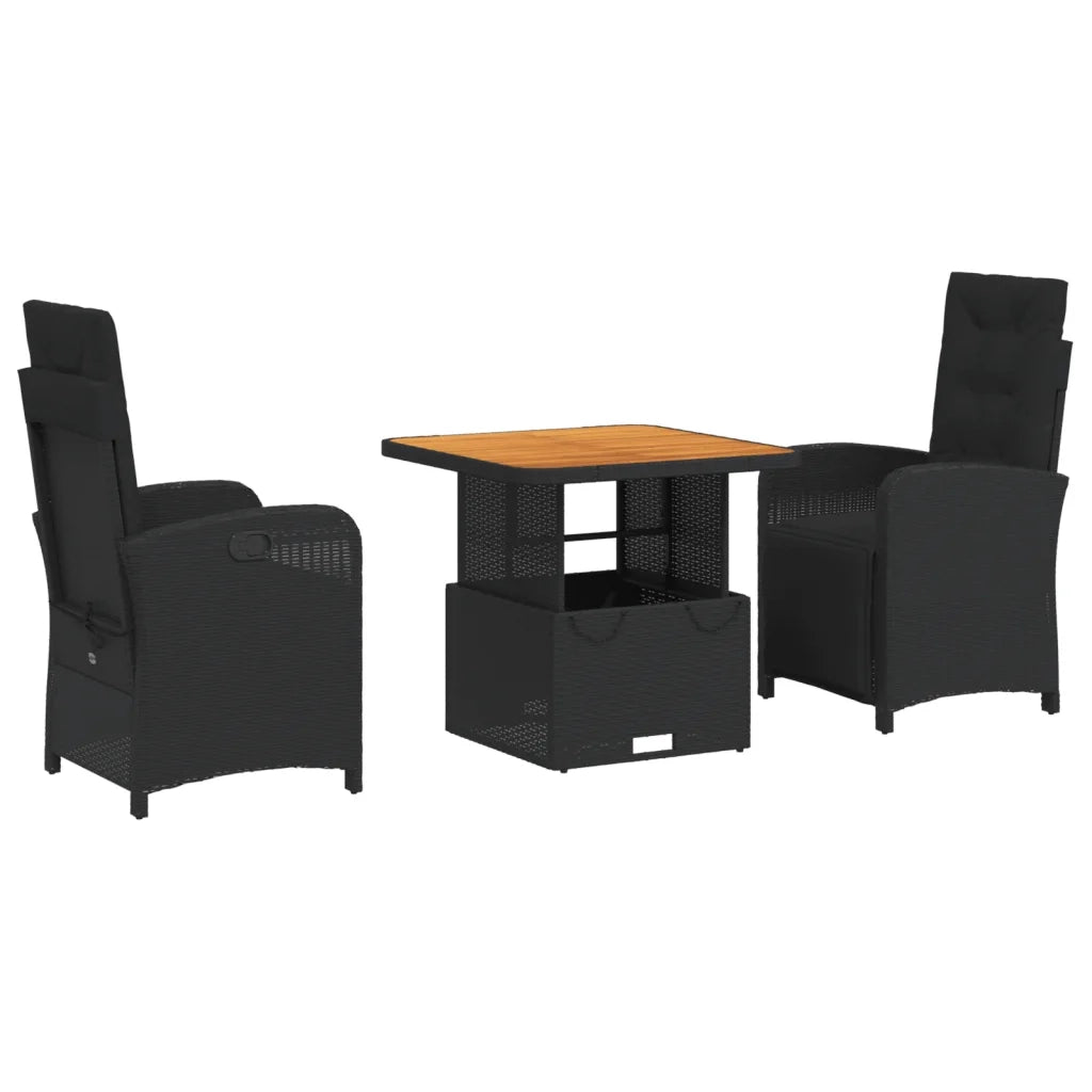 Set da Pranzo da Giardino 3 pz | Set Salotto da Giardino con Cuscini Nero in Polyrattan