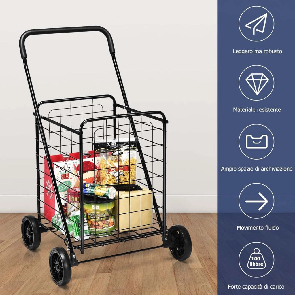 Carrello Portaspesa Pieghevole, Carrello Spesa con Ruote, Capacità di Carico: 45 kg, 83L, 57 x 58 x 91 cm (Nero)
