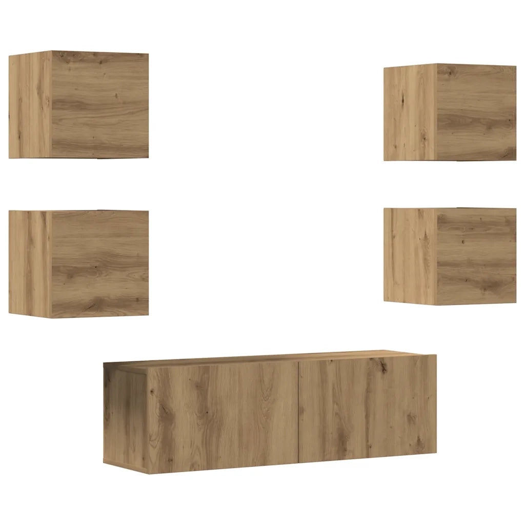 Set Mobile TV 5 pz-Credenza per TV Montato a Parete Rovere in Legno Multistrato 663576