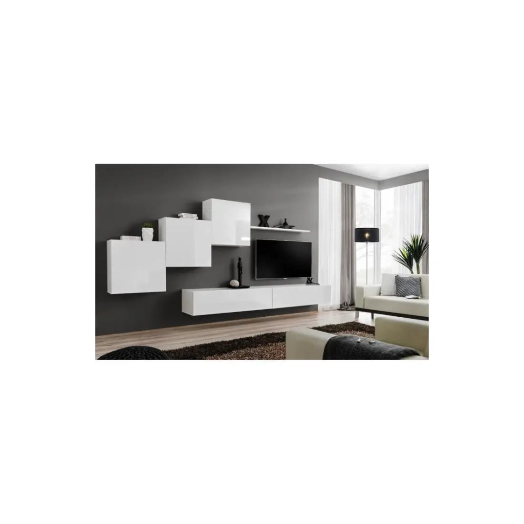 Set di mobili da soggiorno murali SWITCH X design, colore bianco lucido.
