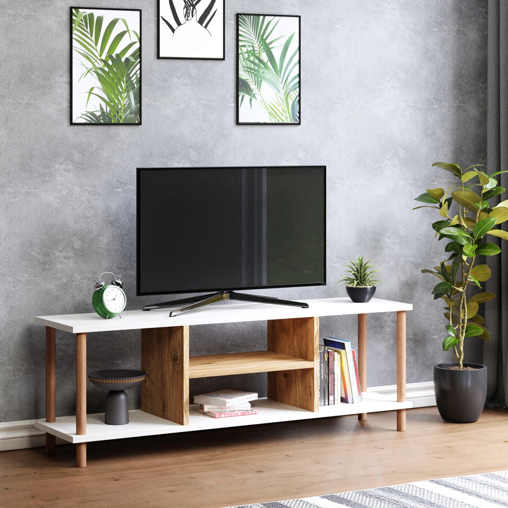 Mobile Basso Porta TV 'Ærøskøbing' con Scomparti Aperti e Gambe di Faggio - Bianco / color Legno [en.casa]