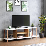 Mobile Basso Porta TV 'Ærøskøbing' con Scomparti Aperti e Gambe di Faggio - Bianco / color Legno [en.casa]