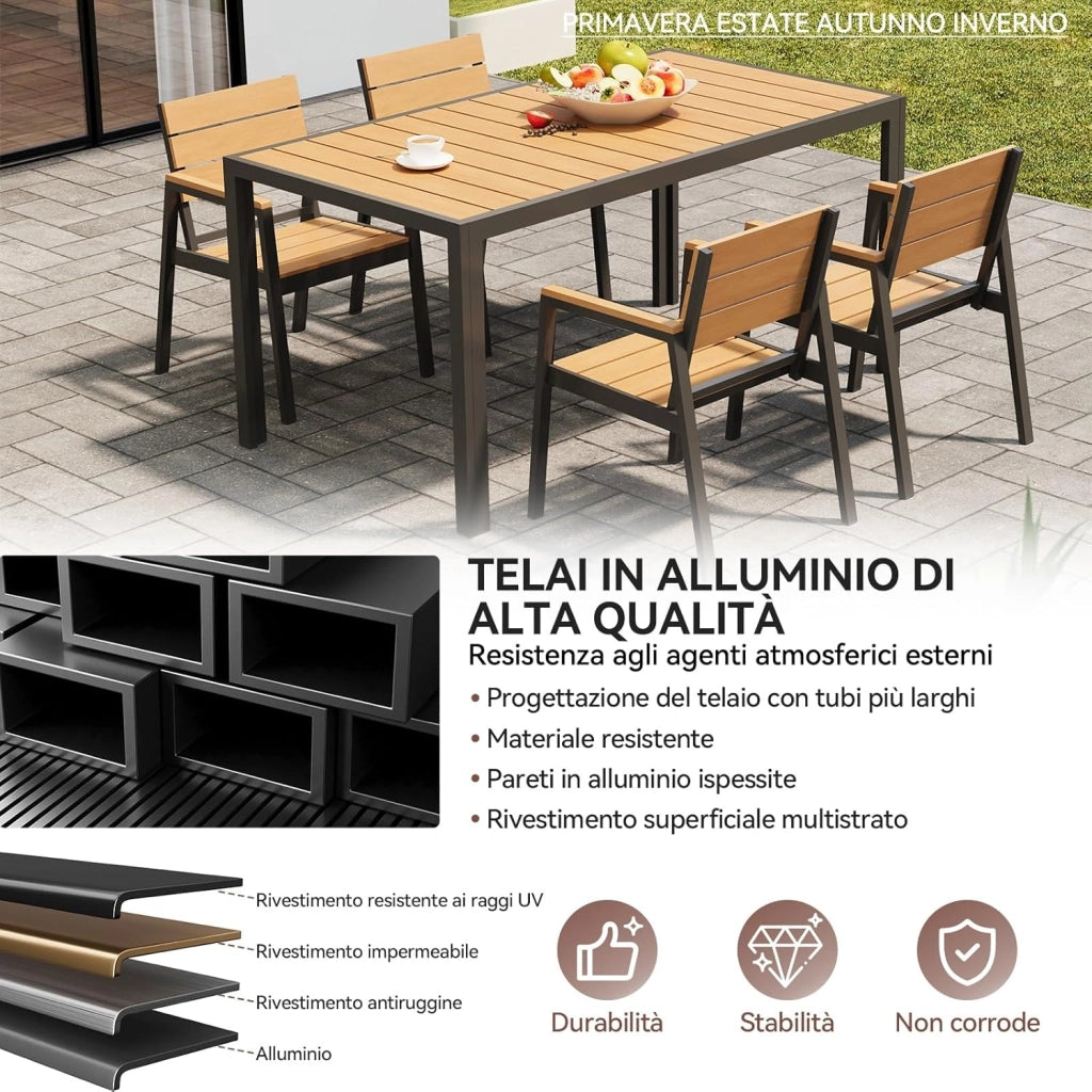 HDPS Set Tavolo e Sedie da Giardino 5 Pezzi Resistente alle Intemperie, Completo di Tavolo 150 cm e 4 Sedie da Esterno in Alluminio, Finitura a Vena di Legno e Facile da Manutenzionare,Naturale
