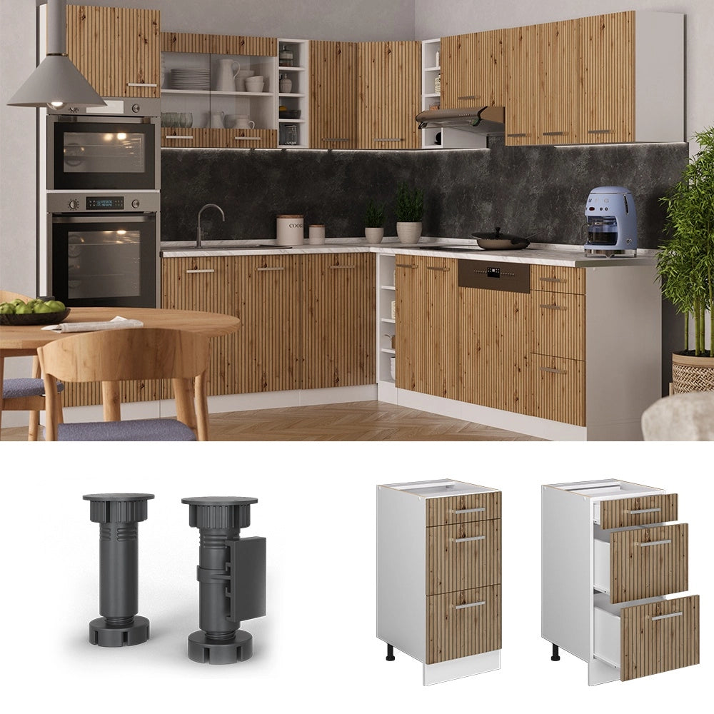 Mobiletto base per cucina R-Line Rovere artigianale/Bianco 40 cm con cassetti, PL Rovere Vicco