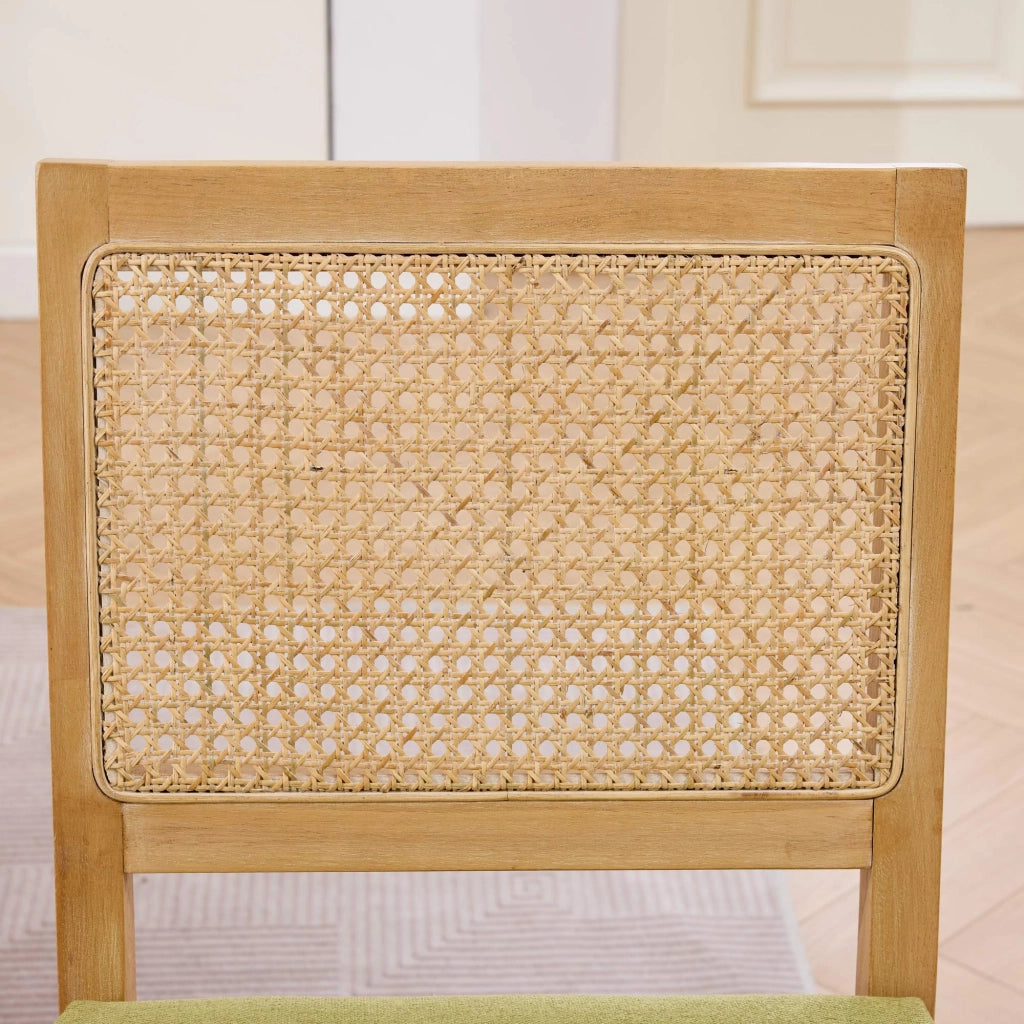 Set di 2 sedie da pranzo, schienale in vimini, stile rustico, struttura in legno, seduta imbottita, colore legno naturale e verde