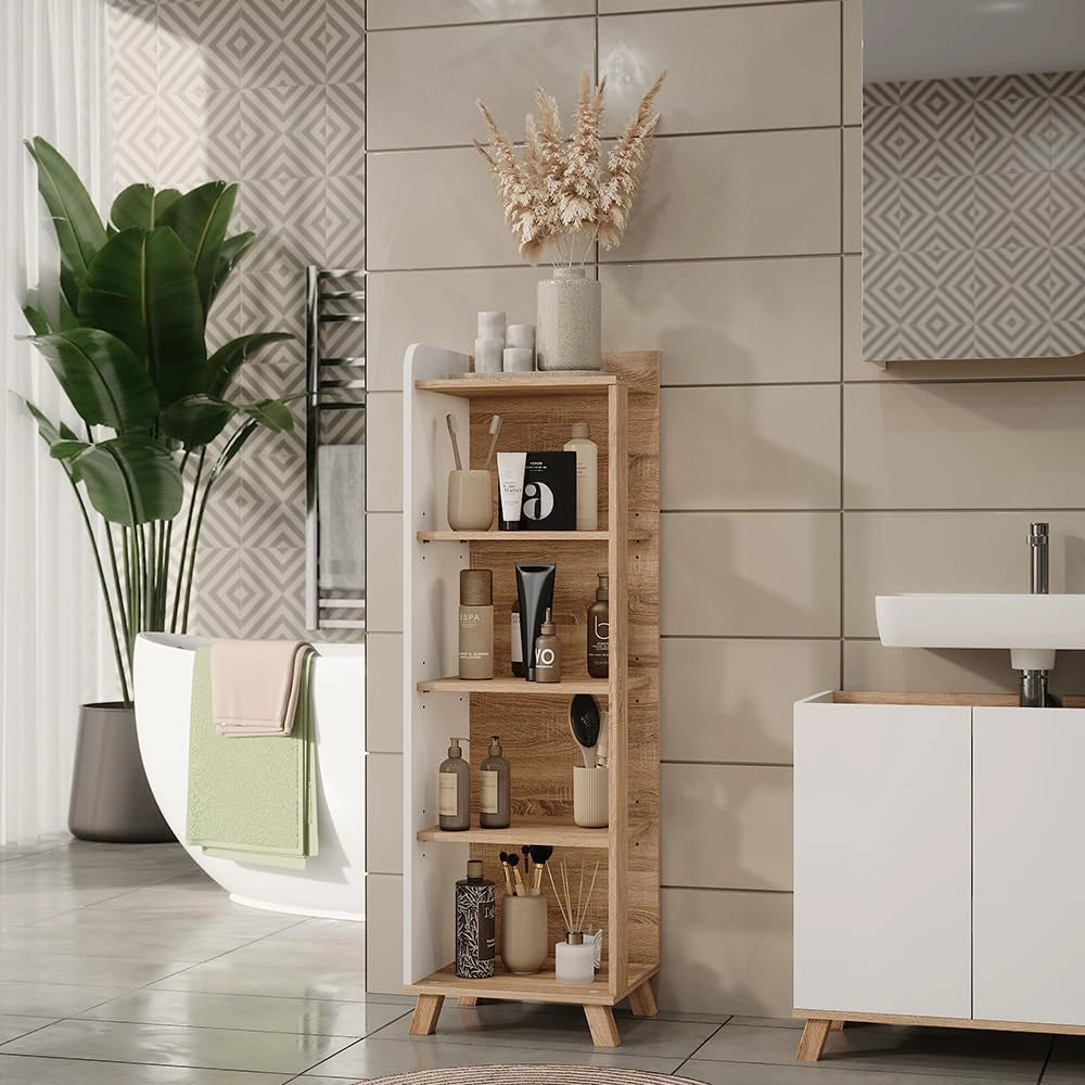 Mensola da bagno Karen, Sonoma/Bianco, 40 x 128 cm con 4 scomparti, per la conservazione di asciugamani e prodotti per la cura personale