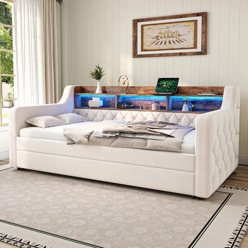 Letto Singolo Contenitore Imbottito in Velluto con LED e USB ¨C MINIMAL ¨C Beige 90x190