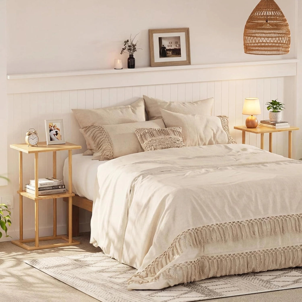 2 Tavolini Laterali da Salotto, Tavolino Rettangolare con Mensole Portaoggetti e Struttura in Bamboo, Tavolino Salvaspazio per Soggiorno, Camera da Letto e Ufficio