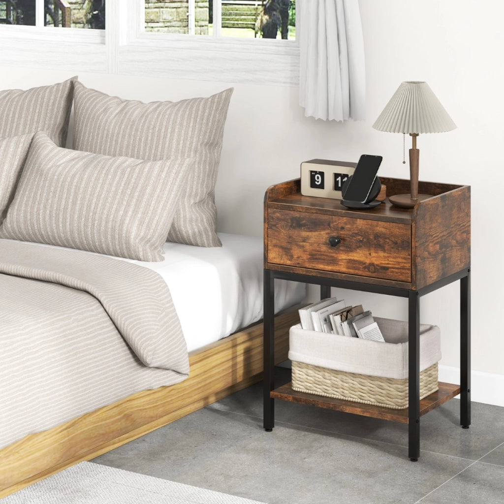 Comodino con cassetto e ripiano aperto, Tavolino stile industriale con telaio in metallo Marrone rustico-Comodini