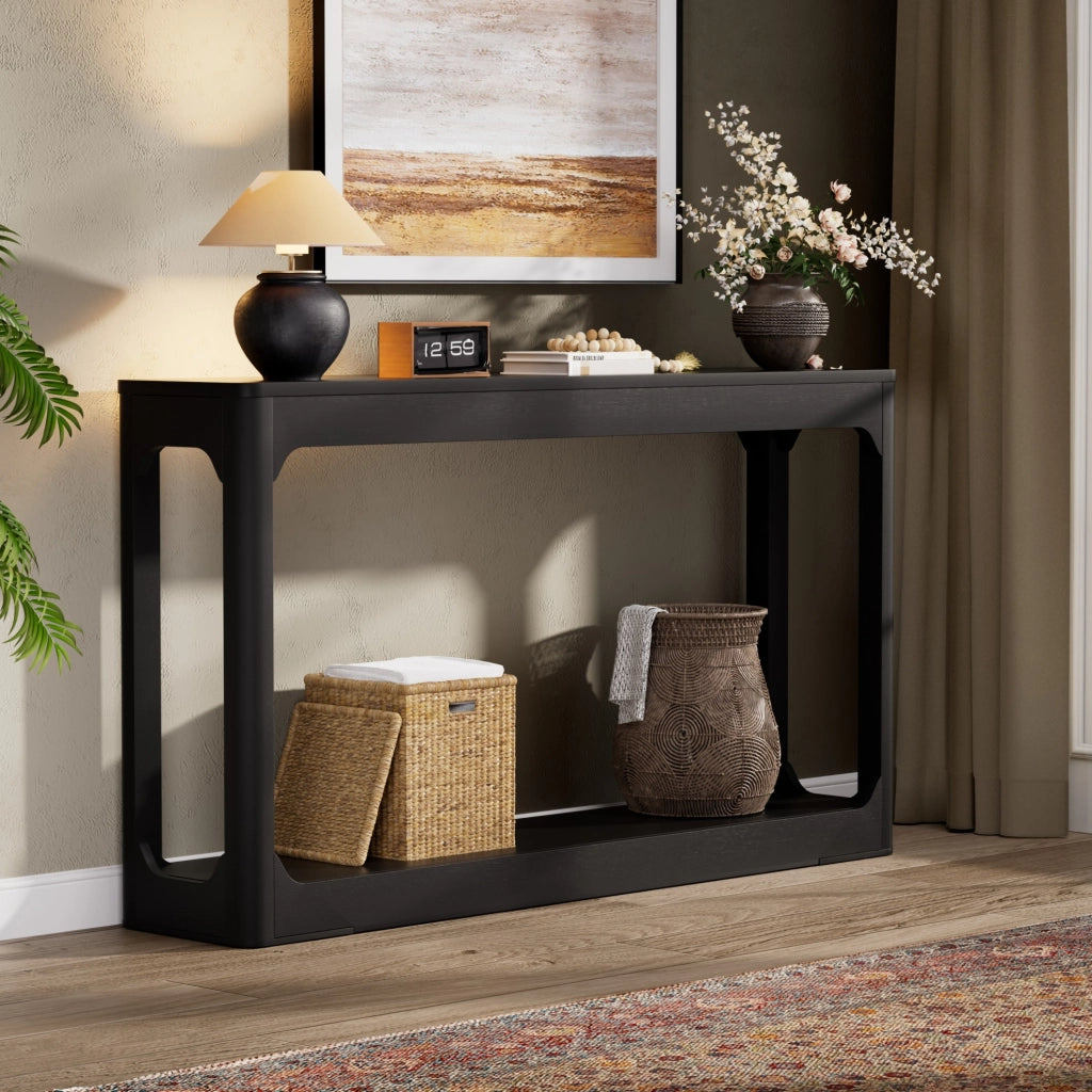 Tavolo consolle nero da 140 cm in MDF con ripiani aperti