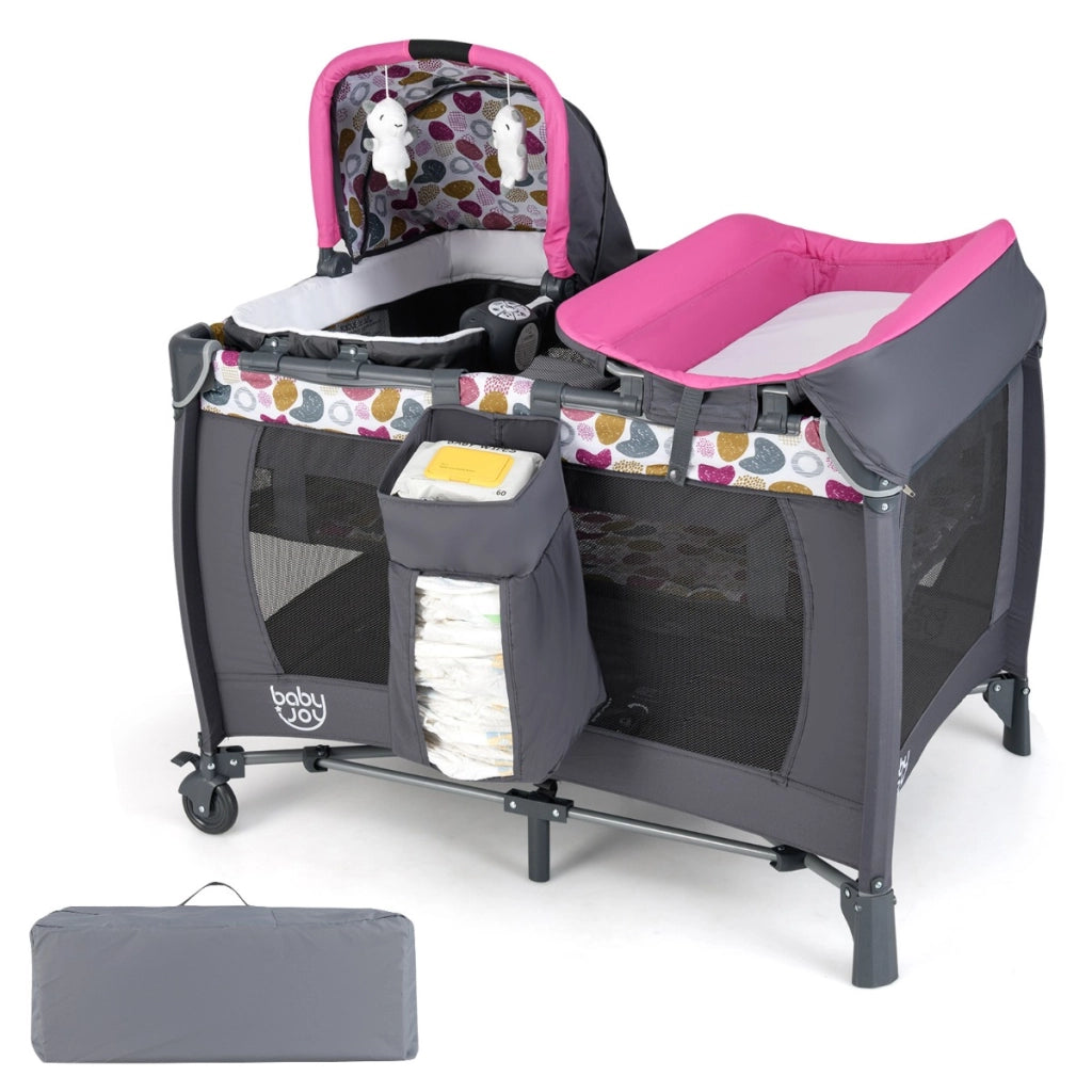 Box portatile per bambini con culla a dondolo e fasciatoio, Lettino pieghevole pack per neonati e bambini fino a 3 anni Rosa scuro-Culle