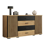 Credenza con 4 cassetti e 2 ante per soggiorno in MDF 140×35×70 cm nero e rovere