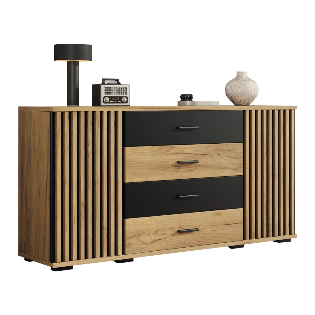 Credenza con 4 cassetti e 2 ante per soggiorno in MDF 140×35×70 cm nero e rovere