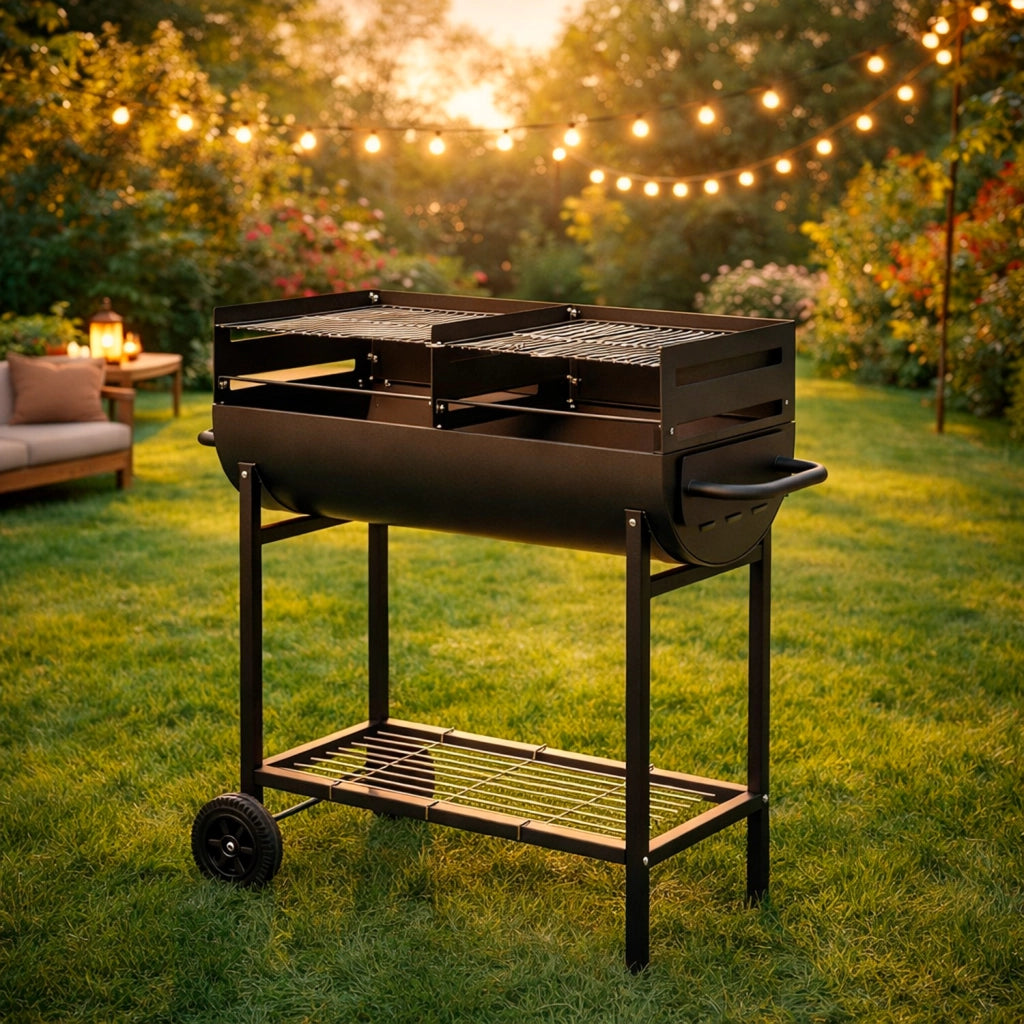 Barbecue In Acciaio Resistente Con Ruote E Ripiano Portaoggetti Alimentazione A Carbone 90 x 45 x 96 Cm Nero