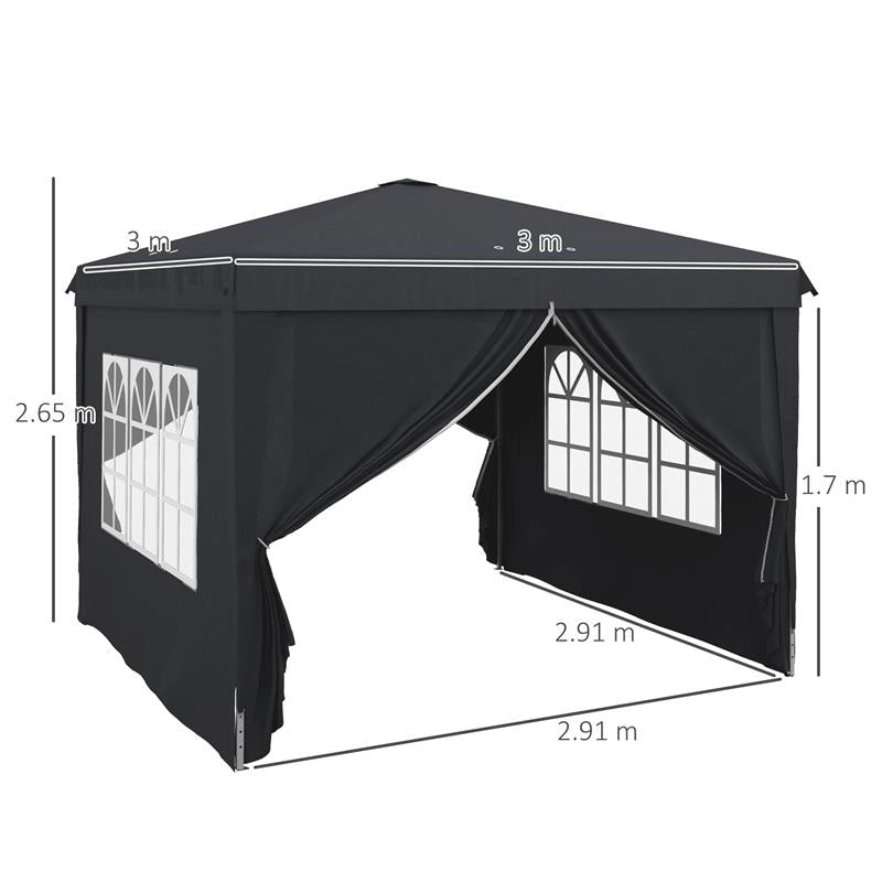 GAZEBO 3X3 AD ALTEZZA REGOLABILE CON FORI DI DRENAGGIO E BORSA DA TRASPORTO, IN METALLO, GRIGIO