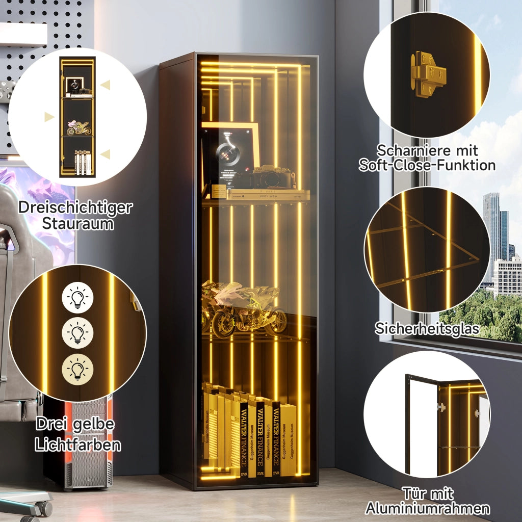 Vetrina con LED e 3 vani aperti, ripiani regolabili e ante in vetro temperato, per soggiorno, nero, 30 × 30 × 90 cm