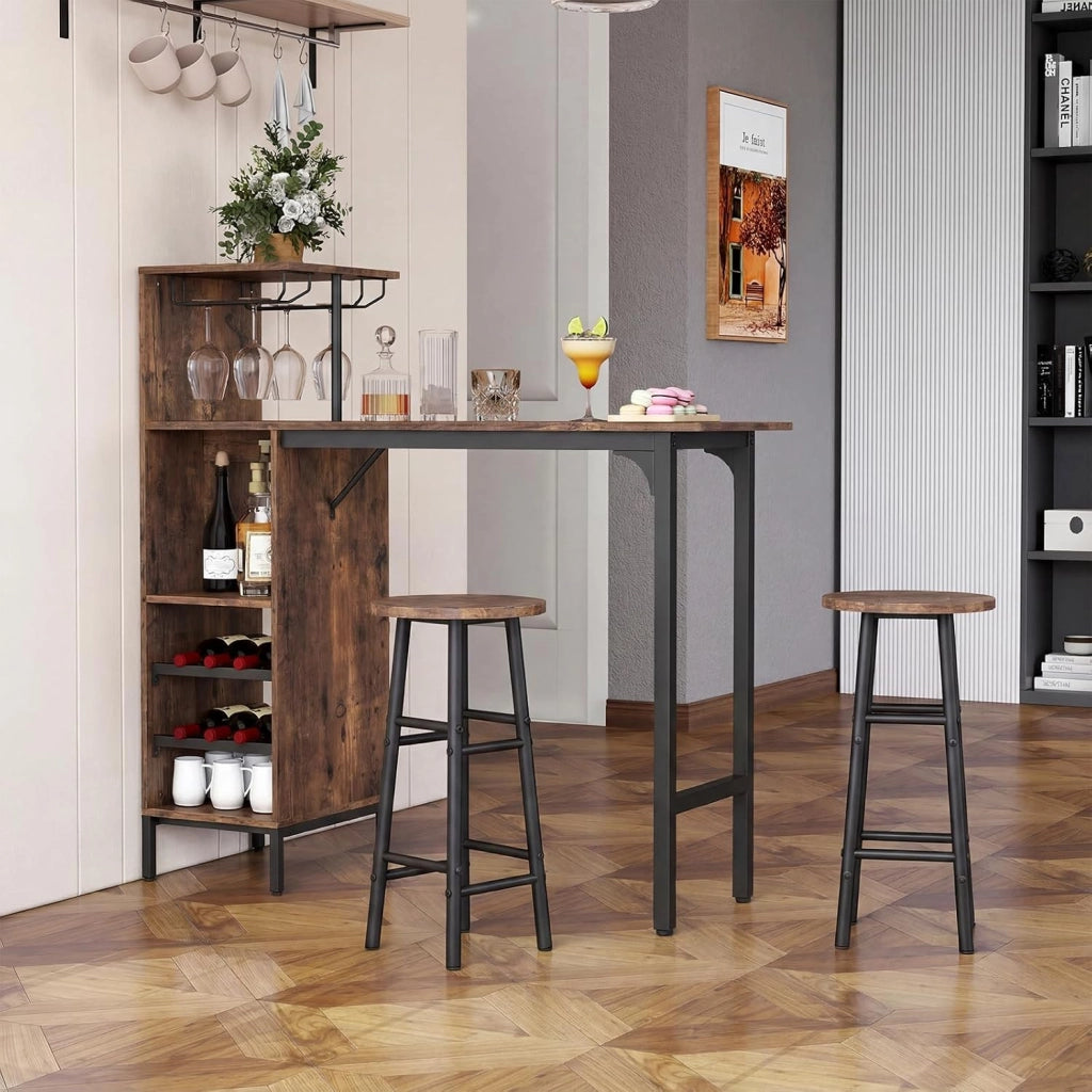 Set 3 Pezzi Tavolo e Sedie da Bar, Tavolo e Sgabelli da Pub Industriale con Porta Calici e 6 Portabottiglie da Vino, Set di Tavolo per Sala da Pranzo, Ristorante e Bar (Caffè)