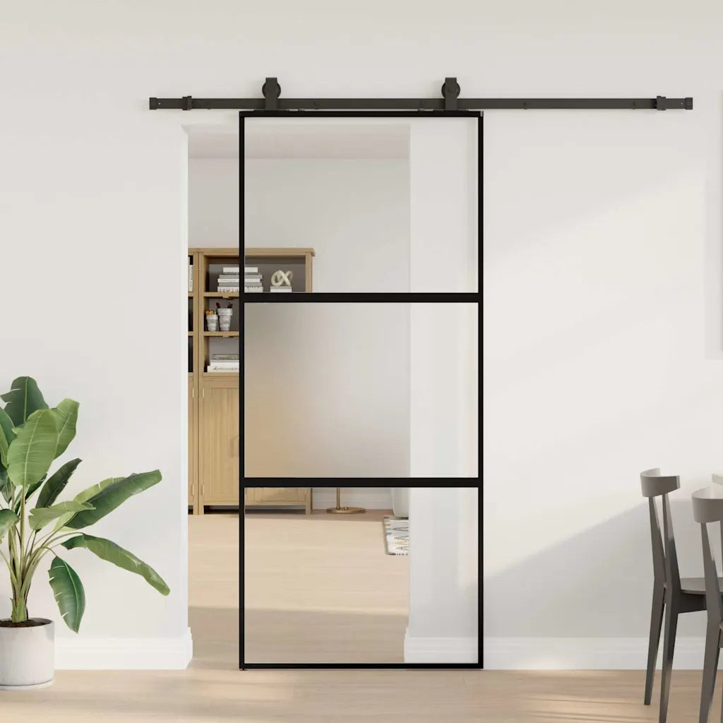 Porta Scorrevole Set Ferramenta Nera 90x205 cm Vetro Temperato