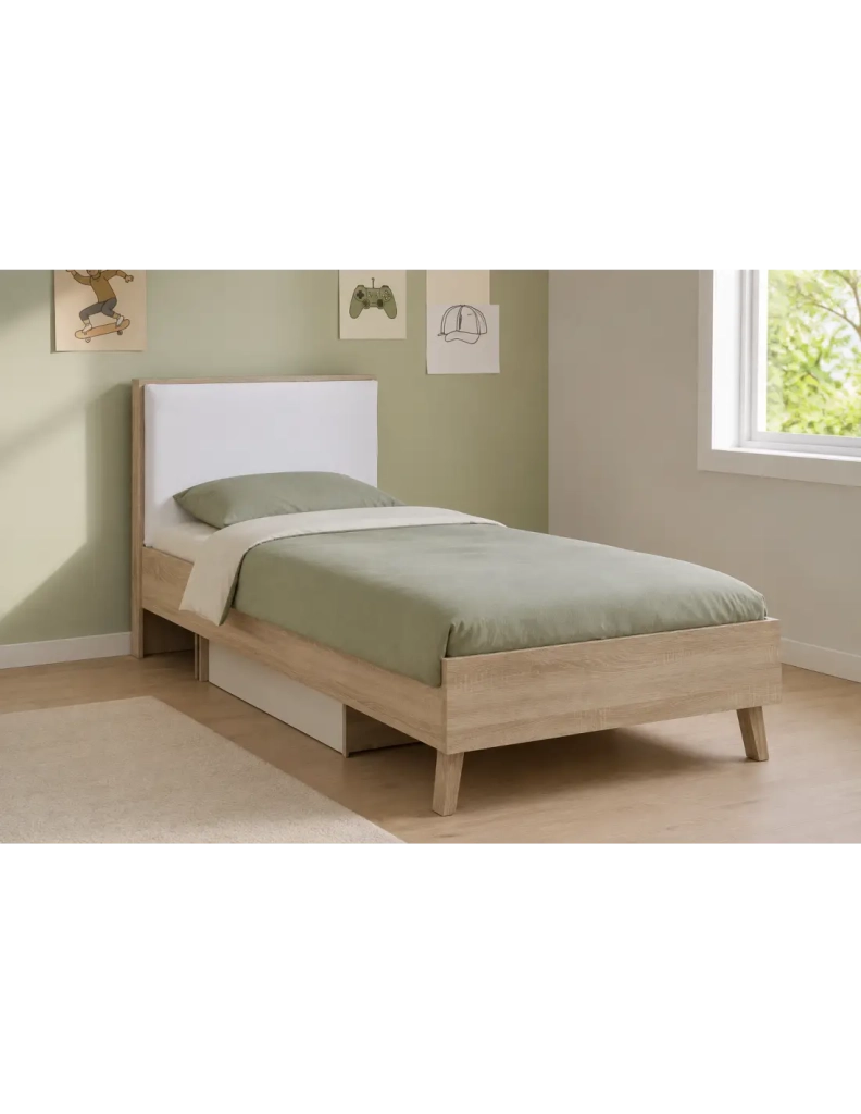 Letto bambino 90x200 con cassetto portaoggetti MALMO - Colori rovere chiaro e bianco