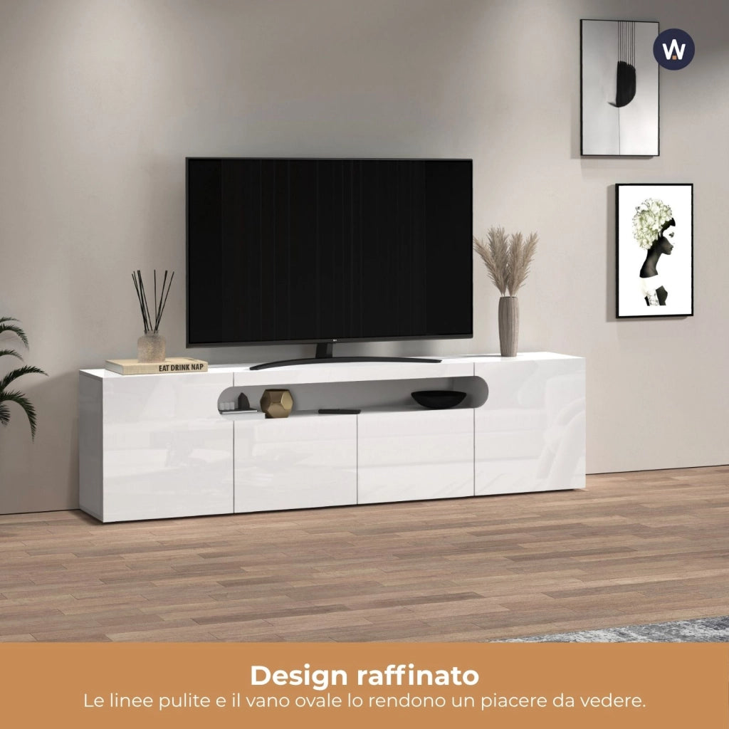 WHOUS Mobile porta TV Real con 4 ante e 1 vano aperto bianco lucido 200x40x60 cm