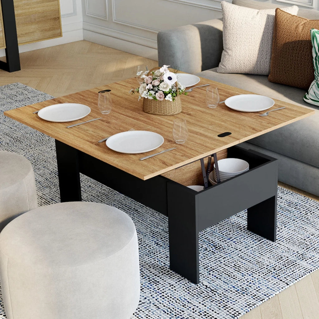IDMarket - Tavolino rettangolare alzabile TARA in legno nero e finto faggio