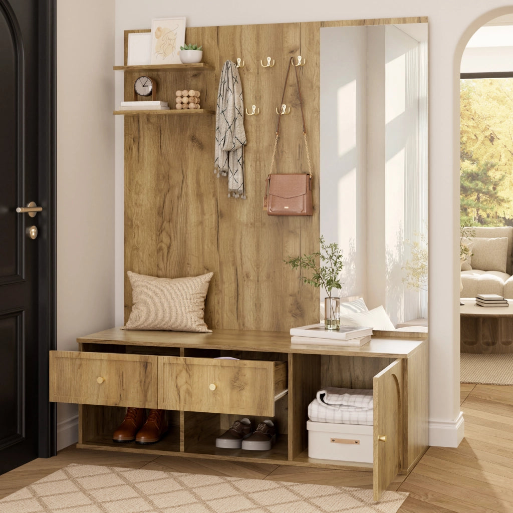 Mobile da ingresso con specchio intero 5 ganci 2 cassetti in truciolare effetto legno naturale 120 × 35 × 159 cm