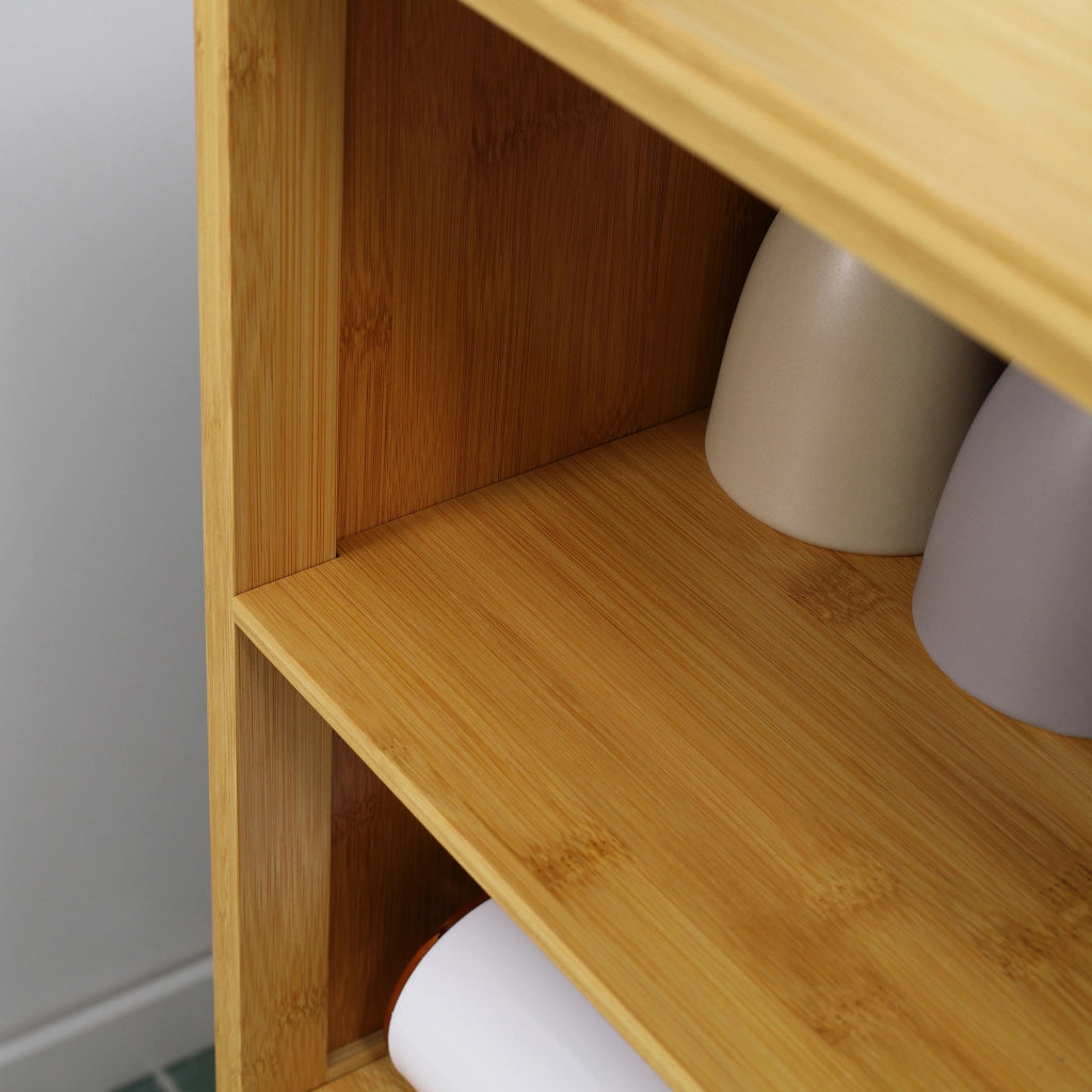 Mobile bagno in bambù con ante a lamelle, 2 vani aperti, design compatto