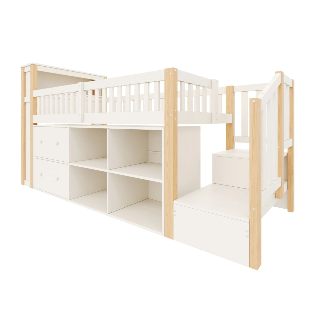 Letto a soppalco 90x200 cm con scala; vani contenitore; LED e porte USB; naturale