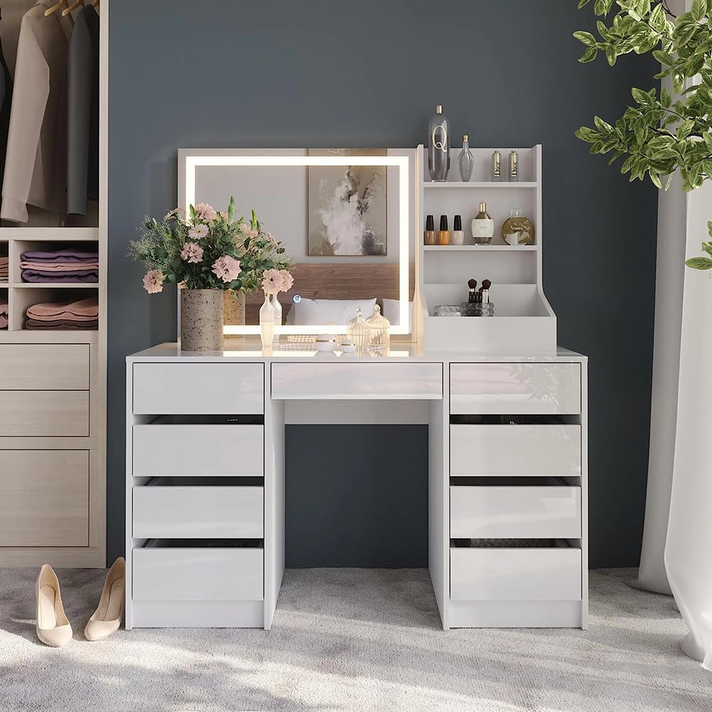 Tavolo da toeletta Sherry, Bianco/bianco lucido, 128.2 cm 3 parti