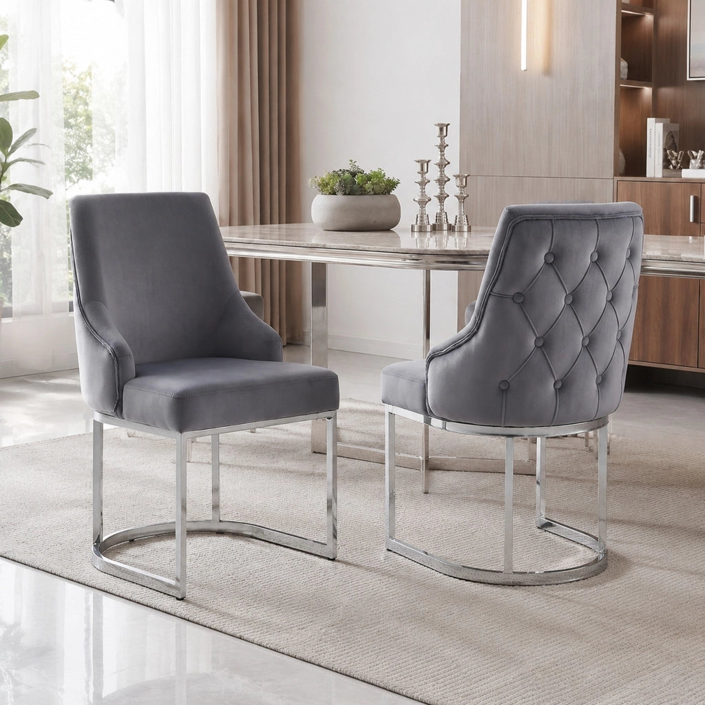 Set di 2 sedie da pranzo 81.99x54x53.49 cm con schienale trapuntato; velluto grigio e argento