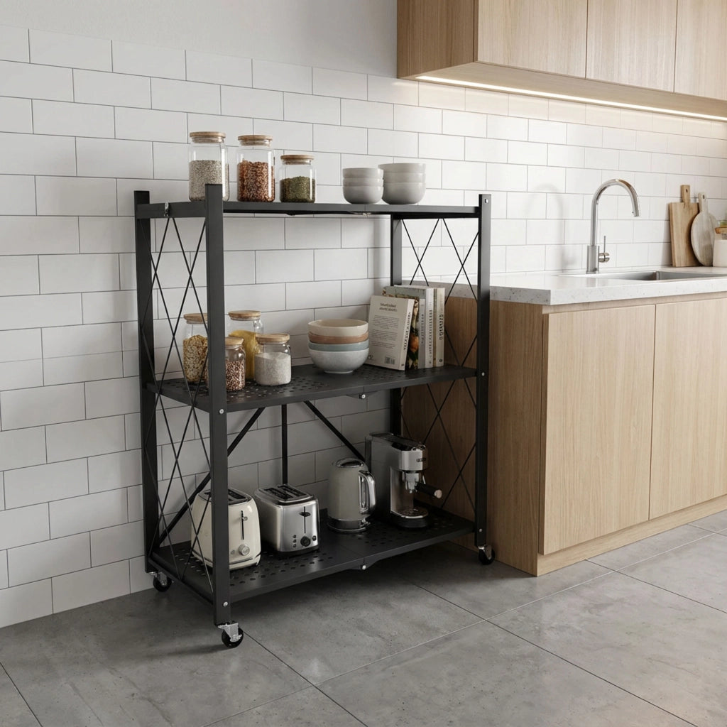 Smithers - Scaffale Carrello Pieghevole Salvaspazio 72x90x33,5 cm 3 Ripiani Richiudibile in Metallo Nero