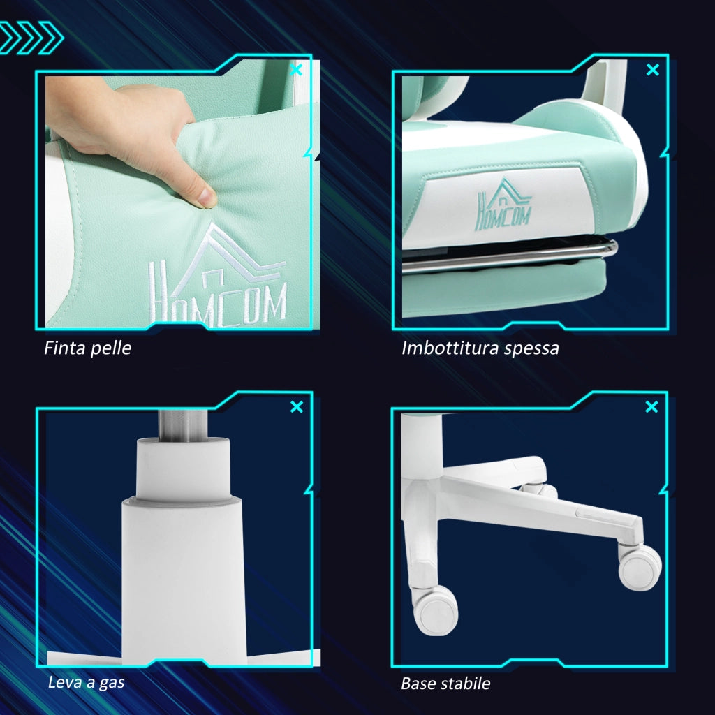 Poltrona da Gaming Reclinabile ¨C zephmum ¨C Pelle e Spugna, Bianco e Blu, 65x62x116-124 cm
