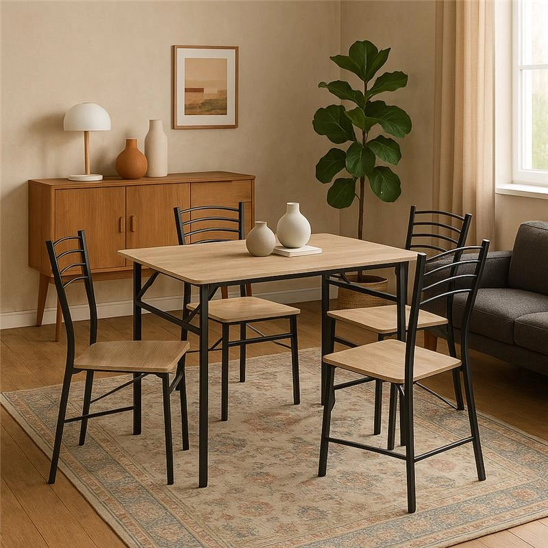 SET ZOY CON TAVOLO E 4 SEDIE PIEGHEVOLI COLORE NERO E ROVERE, STRUTTURA IN METALLO E SEDUTA IN LEGNO