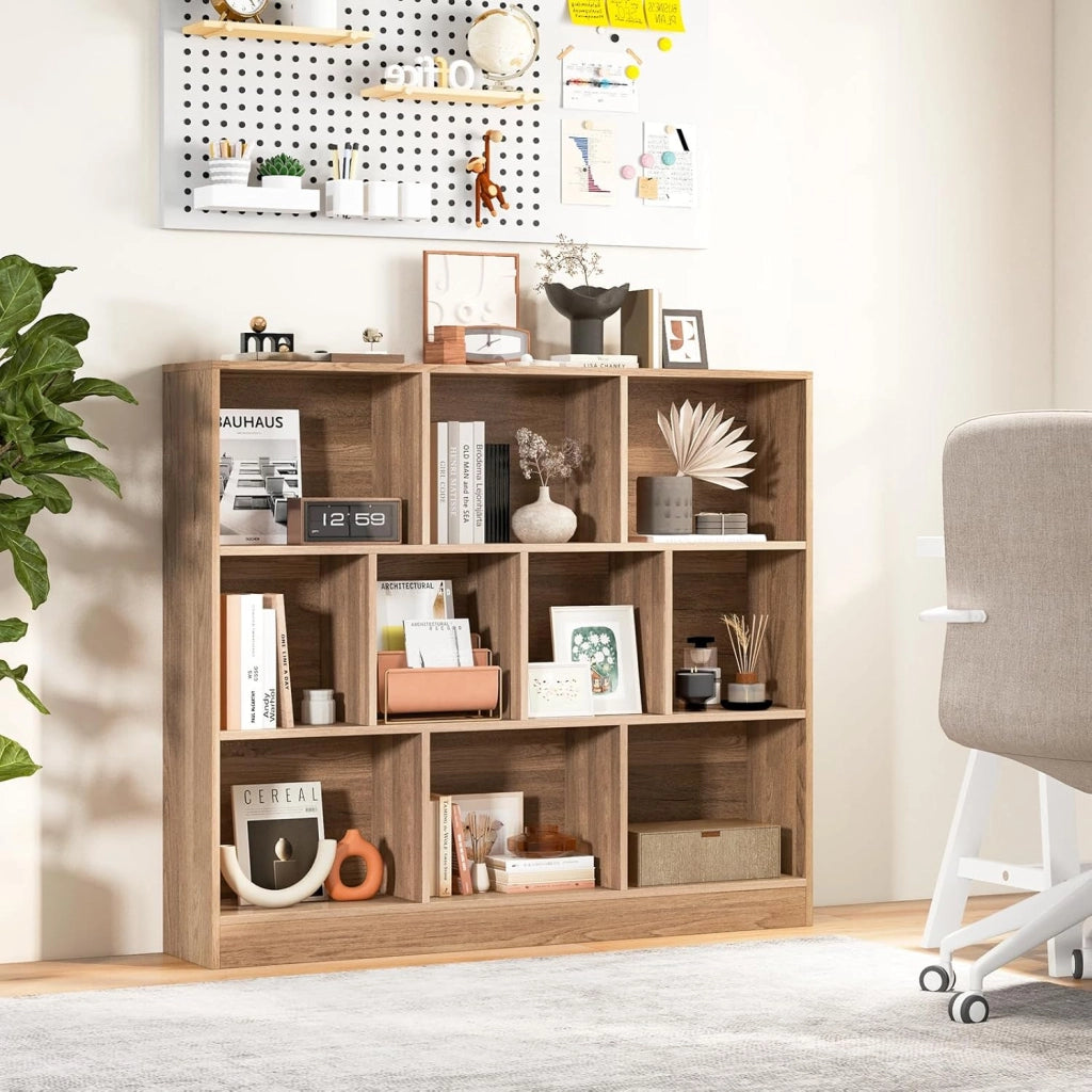Libreria Aperta con 10 Scomparti, Libreria a 3 Livelli con Dispositivo Antiribaltamento, Mobile di Stoccaggio, Scaffale per Soggiorno, Ufficio (Naturale, 120 x 24 x 104 cm)