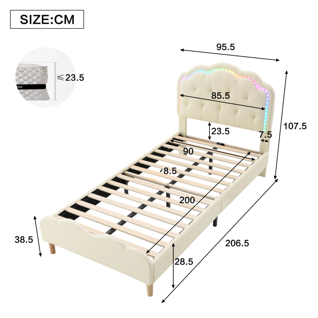 Letto singolo imbottito in PU beige con LED multicolore 90x200 cm